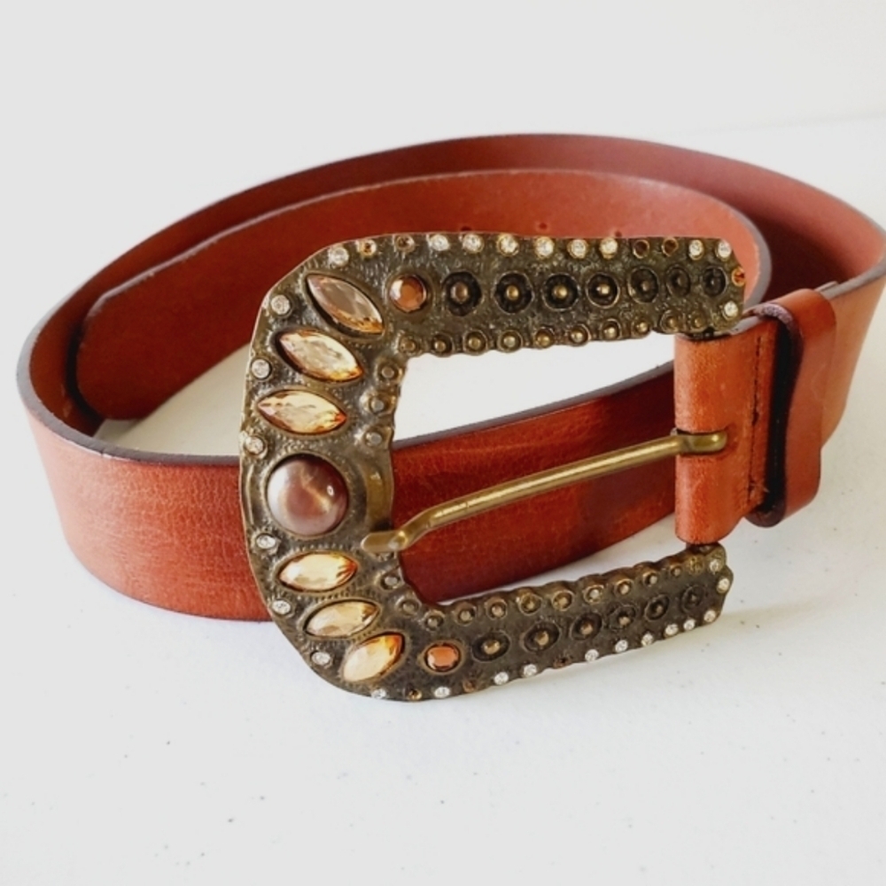 Fabio Corti Genuine Leather Belt Brown Jeweled Beaded‎ Oversized Buckle Italy